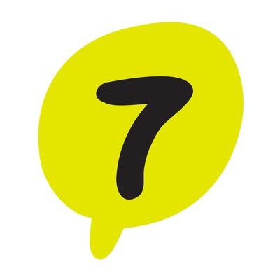 Number seven. Green speech bubble. Flat hand drawn design. Illustration on white background.