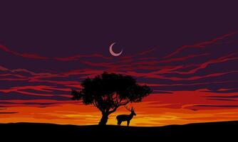 Beautiful calm sunset with silhouette of a deer standing at a tree and colorful dusk vector