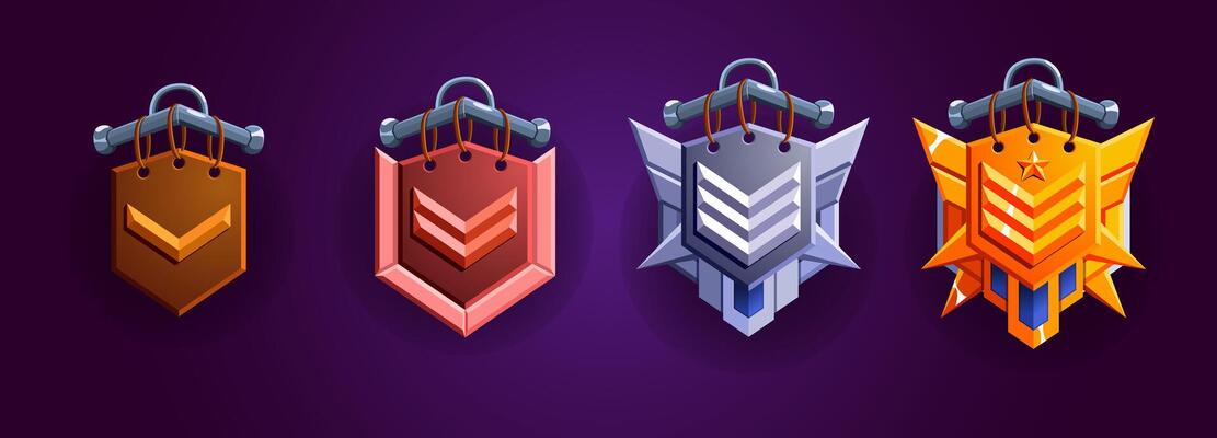 Level rank coat of arms set. Progress badges. Wood, bronze, silver, gold. Perfect for game progress.