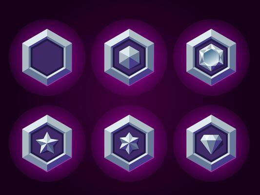 Hexagon silver magic badges set for games. Silver rank emblems. Metallic style. Diamond, gemstone, star objects.
