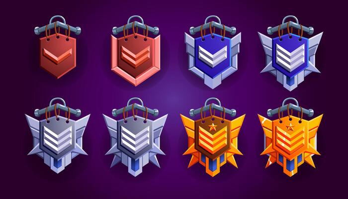 Level rank emblem pack. Progress level set for fantasy medieval games. Realistic colorful style. Bronze, silver, silvered, gold, golden materials.
