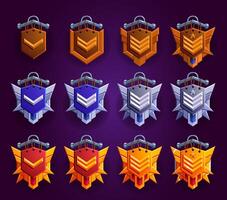 Game emblems set. Level rank badges. Woody, silver, gold materials. Metallic medieval style. Easy edit and combinations. vector