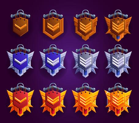 Game emblems set. Level rank badges. Woody, silver, gold materials. Metallic medieval style. Easy edit and combinations.