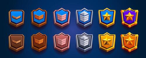 Level game rank metallic badges collection . 3d style. Gold, silver and bronze. Perfect for game evolution. Clash royale style. vector