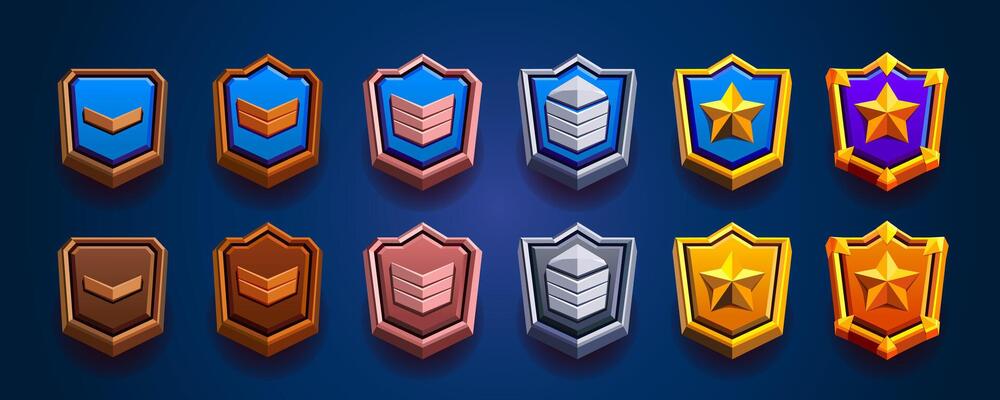 Level game rank metallic badges collection . 3d style. Gold, silver and bronze. Perfect for game evolution. Clash royale style.