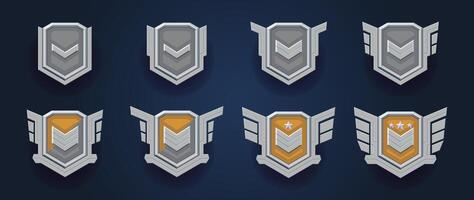 Realistic coat of arms set in flat design style. Player's evolution emblem. Polished marble . Rank and patents with stars. vector