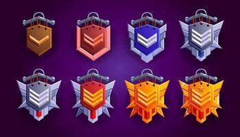 Level game rank badges set. 12 Realistic of woody, silver, bronze, gold with level progress symbol. Metallic style. Progress and awards. vector