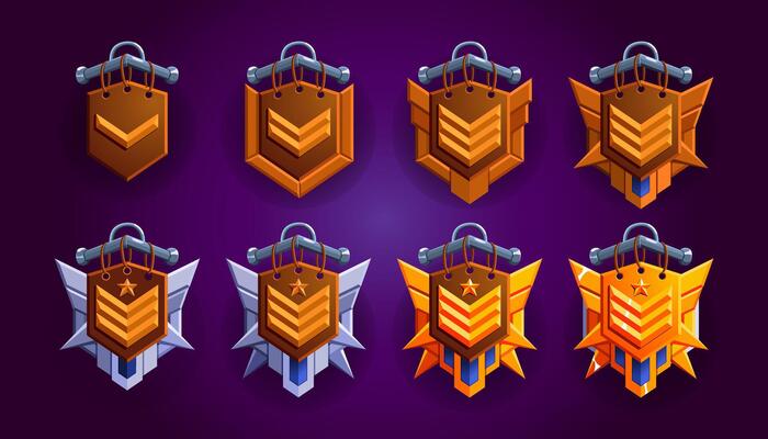 Wooden rank set for game evolution. Patent achievements. style for medieval, fantasy games. Player evolution symbol.
