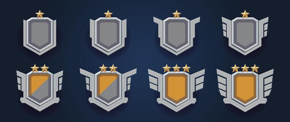 Player's progress emblem. Polished marble . Realistic coat of arms set in flat design style. Game rank and patents with stars.