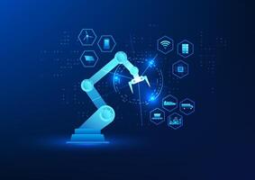 Industrial Technology, Robotic Arm with Industrial Icon in Hexagon Shape, Represents Advances in Manufacturing and Automation Technology, Ideal for Presentations on Robotics and Industry 4.0. vector