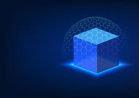 Blockchain technology featuring square block protect by a hexagonal shield. security and innovation in digital transactions, highlighting the transformative power of blockchain in modern finance vector