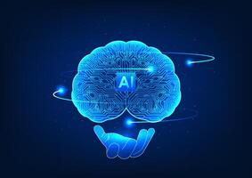 Engineer's hand holds a brain with electrical circuits and an AI chip in the center, representing the advancement of artificial intelligence and the role of engineers in creating future technologies. vector