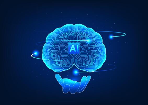 Engineer's hand holds a brain with electrical circuits and an AI chip in the center, representing the advancement of artificial intelligence and the role of engineers in creating future technologies.