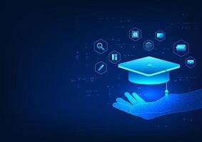 Educational Technology, Hand holding a graduation cap with education icons, conveying the application of technology in education and skills development,suitable for learning and educational innovation vector