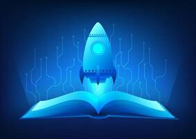 Technology Education, Rocket rising from an open book in mid-air, with an electric circuit around it, represents the integration of technology and education, creating knowledge and a limitless future. vector