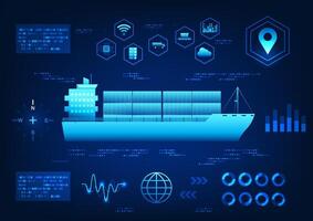 Screen displays a ship using AI technology with surrounding elements about transportation innovation, conveying the development in the transportation and logistics industry, suitable for technology vector