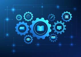 Educational Technology, a gear consisting of educational icons such as books, tablets, and pens, conveys innovative learning and progress in the digital age. vector