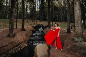 Spring Portrait of a laughing girl in a long red dress with long hair walking in the Park in the woods photo