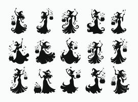 A Collection of Witch Casting a Spell Silhouette EPS File Illustration Template vector