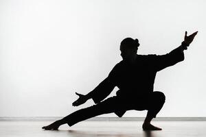 Silhouette of a person practicing qigong energy exercises on a light background photo