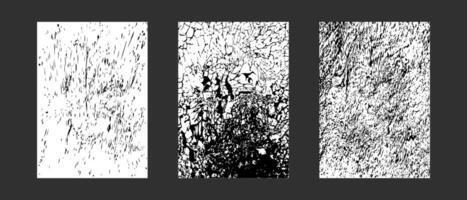 A set of three abstract black and white textured backgrounds with various cracked and distressed pattern. For use in graphic design project, overlay, poster, or grunge themed artwork. vector