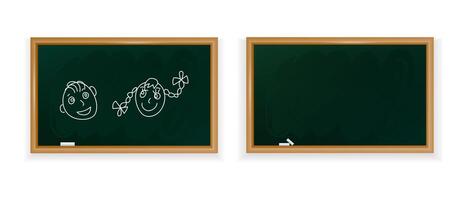 Back to school. Two green chalkboards, one with simple childlike drawings of a boy and girl, and the other blank. For educational material, classroom design, and school related graphic. vector