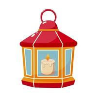 Cartoon hand lamp with candle isolated. A red portable lantern with a burning candle inside. Festive design is ideal for themes related to decoration, light, or festive event. vector