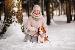 a woman on a winter day with her pet dog beagle in the winter forest playing photo