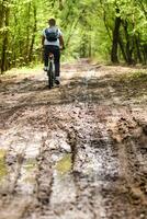 A group of cyclists with backpacks ride bicycles on a forest road enjoying nature photo