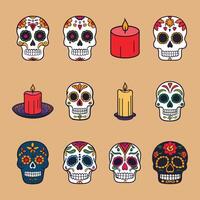day of the dead skull and candle icons set vector