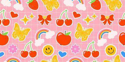 Emoji on a checkered pink background. Children's pattern with bright elements in the form of stickers. Groovy hippie pattern. Labels. Rainbow, flower, sparkle, heart, butterfly, bows, and cherry. vector