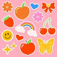 Emoji on a checkered pink background. Children's pattern with bright elements in the form of stickers. Groovy hippie pattern. Labels. Rainbow, flower, sparkle, heart, butterfly, bows, and cherry. vector
