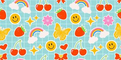 Emoji on a checkered blue background. Children's pattern with bright elements in the form of stickers. Groovy hippie pattern. Labels. Rainbow, flower, sparkle, butterfly, cherry, and smile. vector