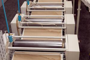 machine for making cookies in the factory. Conveyor belt with Cookie dough photo