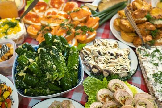 un lote de diferente comida en el banquete mesa.a grande número de preparado platos en el mesa.vacaciones a el mesa foto