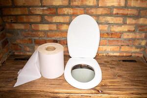 A simple village toilet with a huge roll of toilet paper.Large roll of toilet paper in the toilet photo