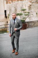 A man with a beard in a strict grey three-piece suit with a tie in the old town of Sirmione, a Stylish man in a grey suit in Italy photo