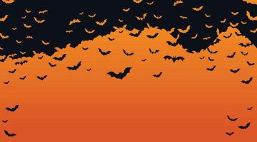 Halloween banner, black bats on the orange background. Template Illustration for text. Halloween background with bat flock vector