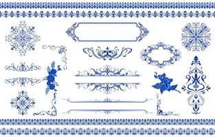 Set of graphic elements vintage frame, blue fabric border, vintage flowers, combined with classic corners. vector
