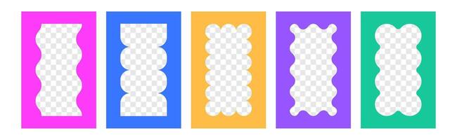 set of rectangle squiggle photo frames with wavy edges. Color wiggly rectangular shapes with curvy borders. Empty text boxes, mirrors or frameworks with scallop line border on white background vector