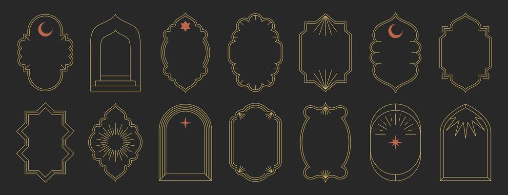 Islamic frame shapes set. Trendy boho thin line art arabic arches. Geometric minimalist aesthetic linear design windows, simple borders, arabian mosque arcs with sun rays, crescent. Eid mubarak doors