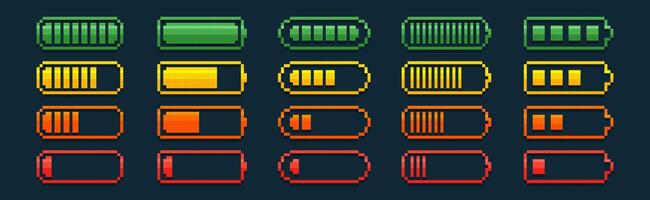 Pixel battery charging icons. Full and low power energy level, charge load, mobile phone or accumulator indicator in 8bit retro style. Set of pixelated smartphone progress bar on dark background vector