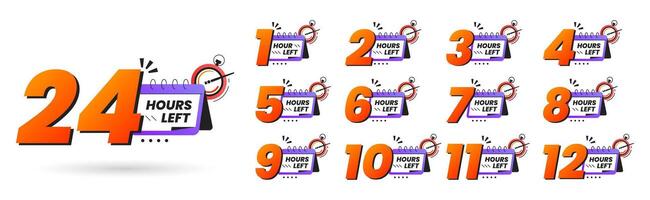 Urgency countdown timer numbers of day left. Sticker limited hours to go on white background. Last offer badge with calendar and clock icons for promotion, discount, hot sales. Set number from 1 to 12 vector