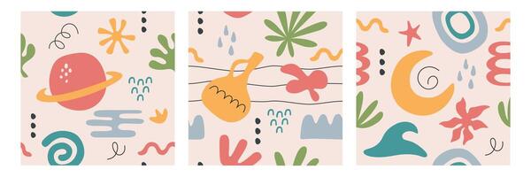 set of contemporary cards with abstract summer nature elements. Posters with organic geometric shapes, lines, doodle freeform objects. Modern hand drawn simple figures, tropical botanical forms vector