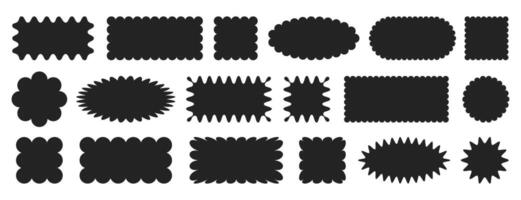 Black jagged geometric shapes. Scallop rectangle, square, round and oval frames with wiggly borders. Rectangular curved box elements, serrated stickers with zig zag edge. Wavy labels, squiggly badges vector