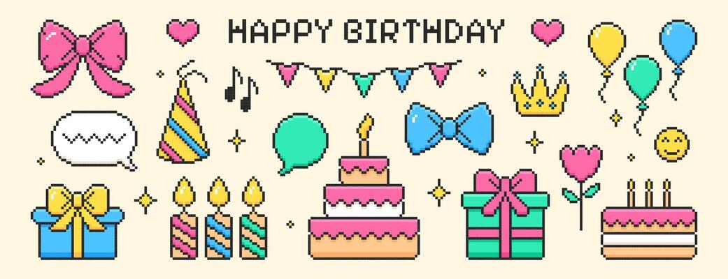 Pixel art happy birthday element set. Y2k trendy pixelated stickers of cake with candles, bowknot, gift boxes with ribbons for presents in 8bit retro style. Party bunting flags, bday icons celebration