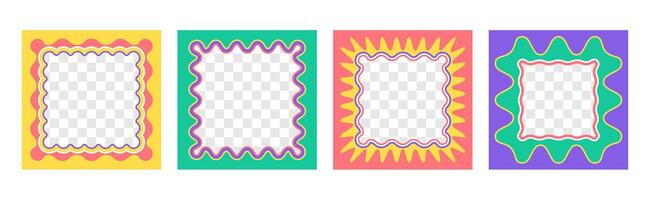 set of square wavy frames with scallop edges. Squiggle photo border with zig zag edge. Wiggly groovy shapes, color funky geometric text box frameworks or curvy mirrors with jagged borders vector