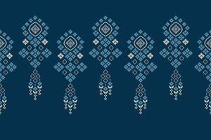 Motif cross stitch pattern with blue background fabric pattern pixel. vector