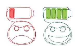 Minimal line art battery charge cartoon emotion mood minimal design battery continuous line art. vector