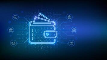 Digital wallet. E-wallet. Online payment by digital wallet. Online banking service application. Mobile banking, money transaction, e-commerce. Circuit board pattern background. vector